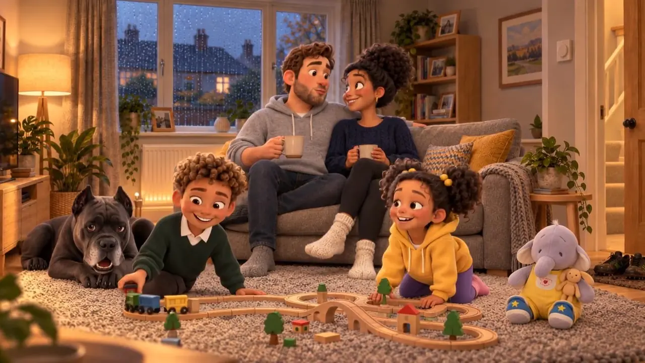 A warm family living room with the radiators hot and the dog on the rug
