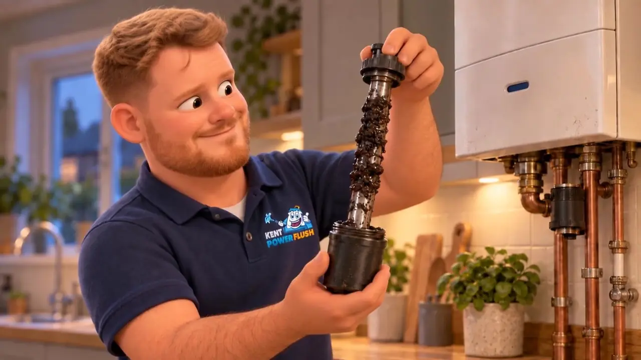 The engineer holding up a magnet rod coated in black sludge