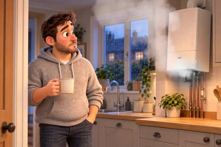 A worried man with a mug looking up at his boiler
