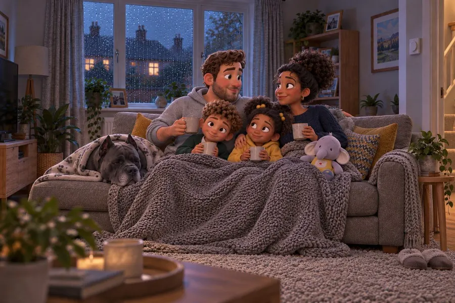 A family and their dog huddled under a blanket on the sofa in a chilly room